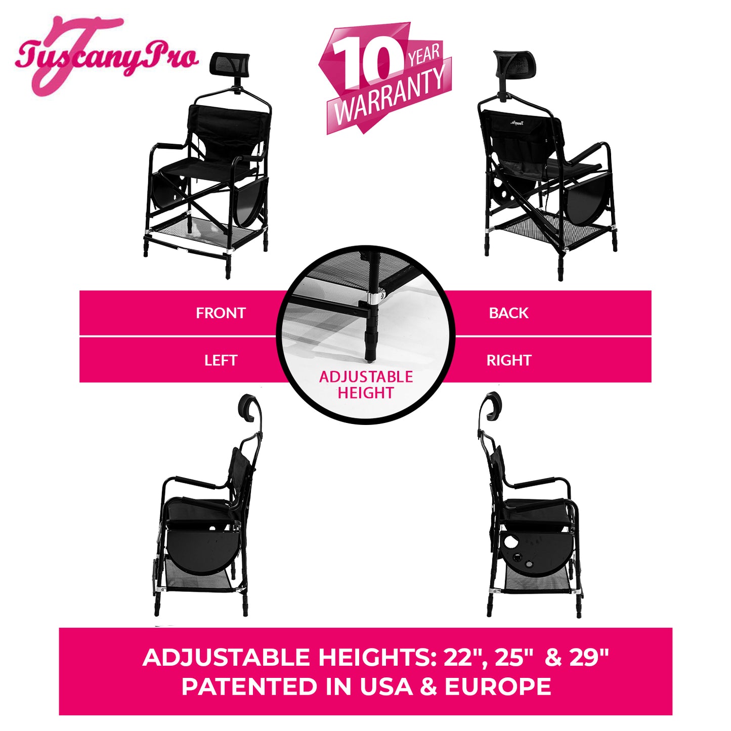 Adjustable Height Chair with Headrest - Makeup & Hairstylist Chair